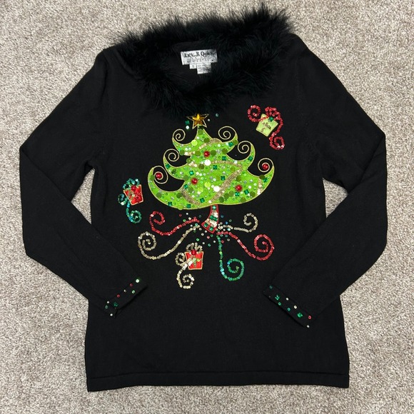 Vintage Jack B Quick Christmas Sweater Faux Fur Collar Women Small Tree Beaded - Picture 2 of 10